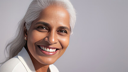 Portrait beautiful Indian old woman with white teeth smile, healthy long hair and beauty skin on grey background. Generative AI