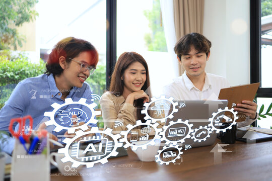 The marketing team is having a meeting about the implementation of AI in a company's processes or systems, from production to advertising marketing to sales.