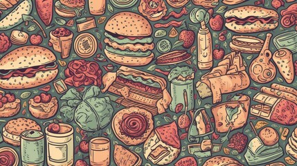 Fast Food Patterns, Burgers, Fried Potatoes, Junk Food Patterns, Ai Generated Art.