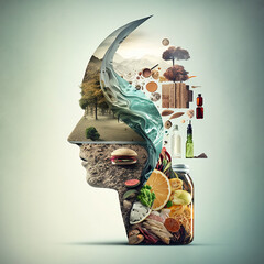 the silhouette of a human head is filled with food products, vegetables and fruits. Concept of proper fasting. Generated AI