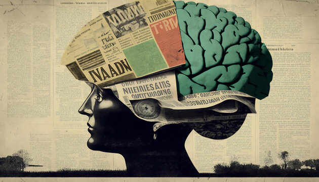 Collage with brain and books with newspaper clippings in retro style. Generated AI