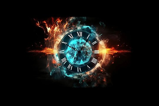 Clock Encircled in Blue Amidst Flames - Time Running Out.