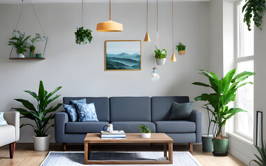 Close-up of sofa and table in sitting room indoor interior with plant decor