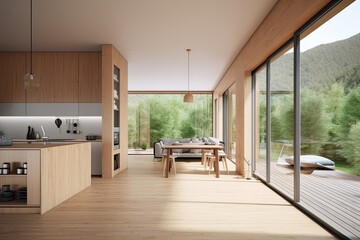 Interior of modern comfortable kitchen in eco smart house with wooden decoration. Luxury kitchen interior. Generative AI.