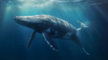 Fototapeta premium Whale swimming under sea. AI generated.