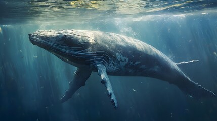Obraz premium Whale swimming under sea. AI generated.