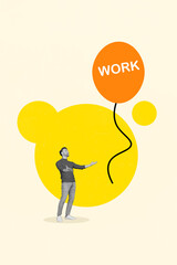 Vertical creative photo illustration collage of cheerful pleasant man searching for work look at bubble isolated colorful background