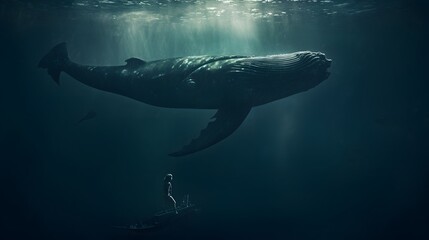 Fototapeta premium Whale swimming under sea. AI generated.