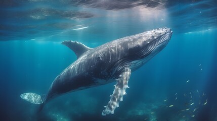 Naklejka premium Whale swimming under sea. AI generated.