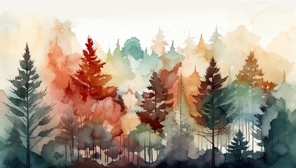 Fall landscape with orange misty forest trees. Generative AI