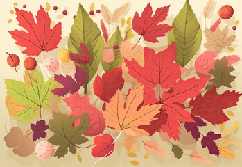 Naklejka na ściany i meble Autumn falling colorful leaves seamless pattern. Generative AI