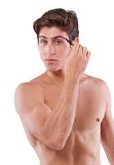 Fototapeta premium Focus, portrait and a man plucking eyebrows for hygiene, face care and morning routine. Serious, nude and a naked person with a tool to pluck facial hair isolated on a transparent png background