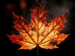 Brown maple leaf isolated on dark background. Autumn dry leaf. Generative AI