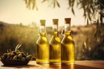 AI generated olive oil bottles with olives leaves and fruits setup in the middle of rural olive field with morning sunshine as wide banner with copyspace area