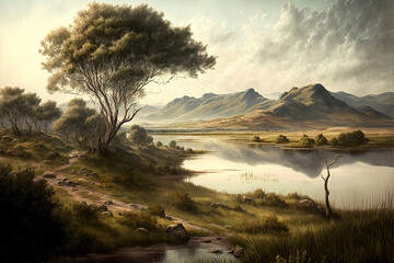 An Oil Painting Style Illustration of a Classic Landscape Artwork That Would Hang in a Stately Home in Style of Artists From 15th, 16th, 17th or 18th Century