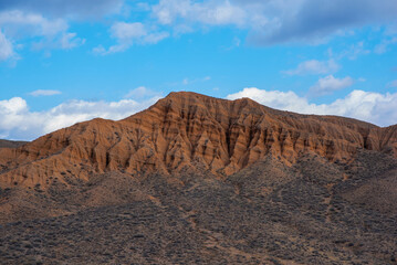 Colorful mountains of Wadi Rum desert canyon in Jordan. The Valley of the Moon is a valley cut into sandstone and rock in southern Jordan. Unusual, amazing scenery.