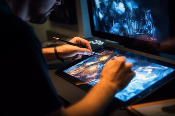 An artist working on a digital drawing tablet, computer technology, IT technology Generative AI - obrazy, fototapety, plakaty