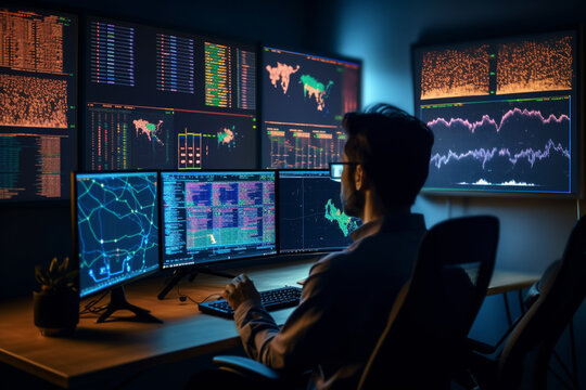 A data scientist analyzing complex datasets on multiple computer screens, computer technology, IT technology Generative AI