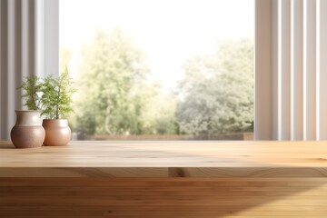 empty wooden table top with window curtain blur background, generative ai