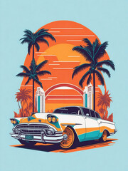 Retro car with palms flat sticker illustration, t-shirt graphic design, generative Ai.