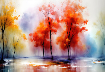 An autumn trees with orange leaves in the rain, Oil painting style illustration. Generative Ai.