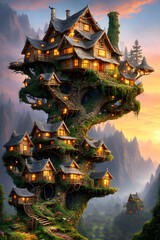 Fairytale landscape with houses in the trees, small wooden elven treehouses illustration. Generative Ai.