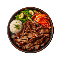Korean Bulgogi dish. Thinly cut, grilled beef, served with rice and vegetables.
