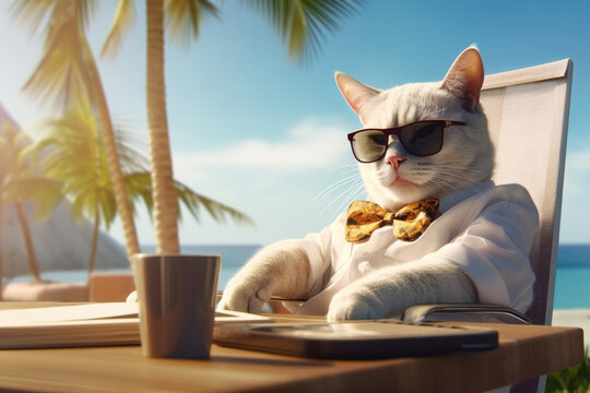 A white cat wearing cool sunglasses On vacation, watching laptop, doing morning work on the beach by the sea. Generative Ai