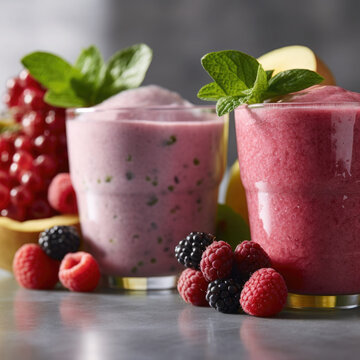 Refreshing Berry Delight: Smoothie or Sorbet with Fresh Mint. Created using generative AI tools