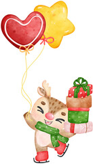 Cute joyful christmas reindeer holding stack gift boxes cartoon watercolor
