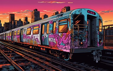 Subway train painted in graffiti on the tracks with New York city in background at sunset. Generative Ai illustration - obrazy, fototapety, plakaty