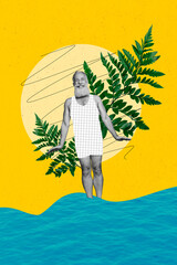 Photo sketch collage picture of funny funky senior guy swimming refreshing water isolated creative yellow color background