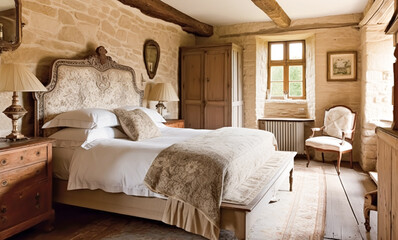Country bedroom decor, interior design and holiday rental, bed with elegant bedding and antique furniture, English country house and cottage style, generative ai