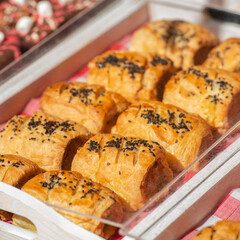 Background of sausage rolls on the table © mubus