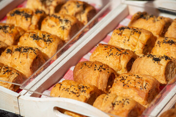 Background of sausage rolls on the table