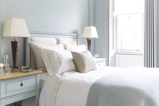 Pale Blue Bedroom Decor, Interior Design And Holiday Rental, Bed With Elegant Bedding And Furniture, English Country House And Cottage Style, Generative Ai