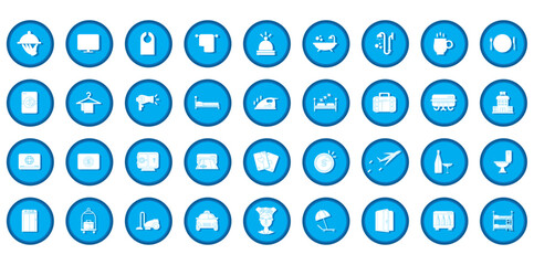 vector icon set of hotel stuff on blue background