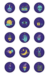 magic vector icon set with purple background and round shape