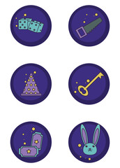 magic vector icon set with purple background and round shape