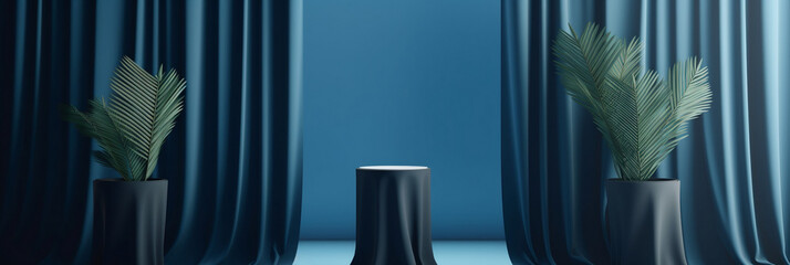 cloth podium display set on blue backdrop with curtain and palm shadow, banner, generative AI