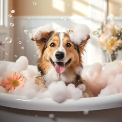 ai generated picture of a dog washing in a bathtub