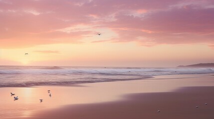 Tranquil Sunrise Beach: Serene Nature Scene with Pink, Purple, and Orange Sky, sunset on the sea, beach wallpaper, Generative AI