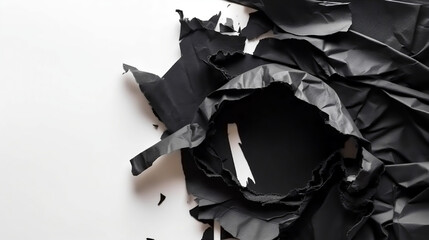 Black paper ripped message torn, white background. Generative ai.