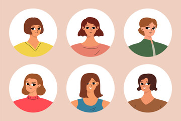 Collection of different people avatars. Round icons with smiling women