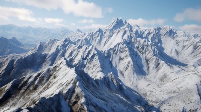 Majestic Snow-Capped Mountain Vista: Awe-Inspiring HD Image Capturing the Rugged Beauty of Nature, snow covered mountains in winter, Generative AI