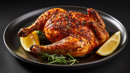 Homemade baked chicken with lemon on wooden background. roasted chicken. generative ai