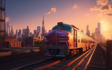 Obraz premium Train at sunset with cityscape of New York city in the background. Generative Ai illustration
