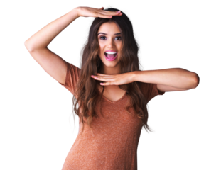 Portrait, fashion and border with an excited woman isolated on a transparent background for carefree style. Face, hands gesture and frame with an attractive young female model standing on PNG