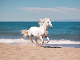 Fototapeta na wymiar Beautiful horse run along the shore of the sea. Generative AI.