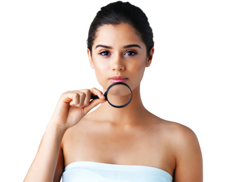 Skincare, magnifying glass and portrait of woman for beauty on png, isolated and transparent background. Dermatology, search tool and face of female person for facial treatment, cosmetics and acne